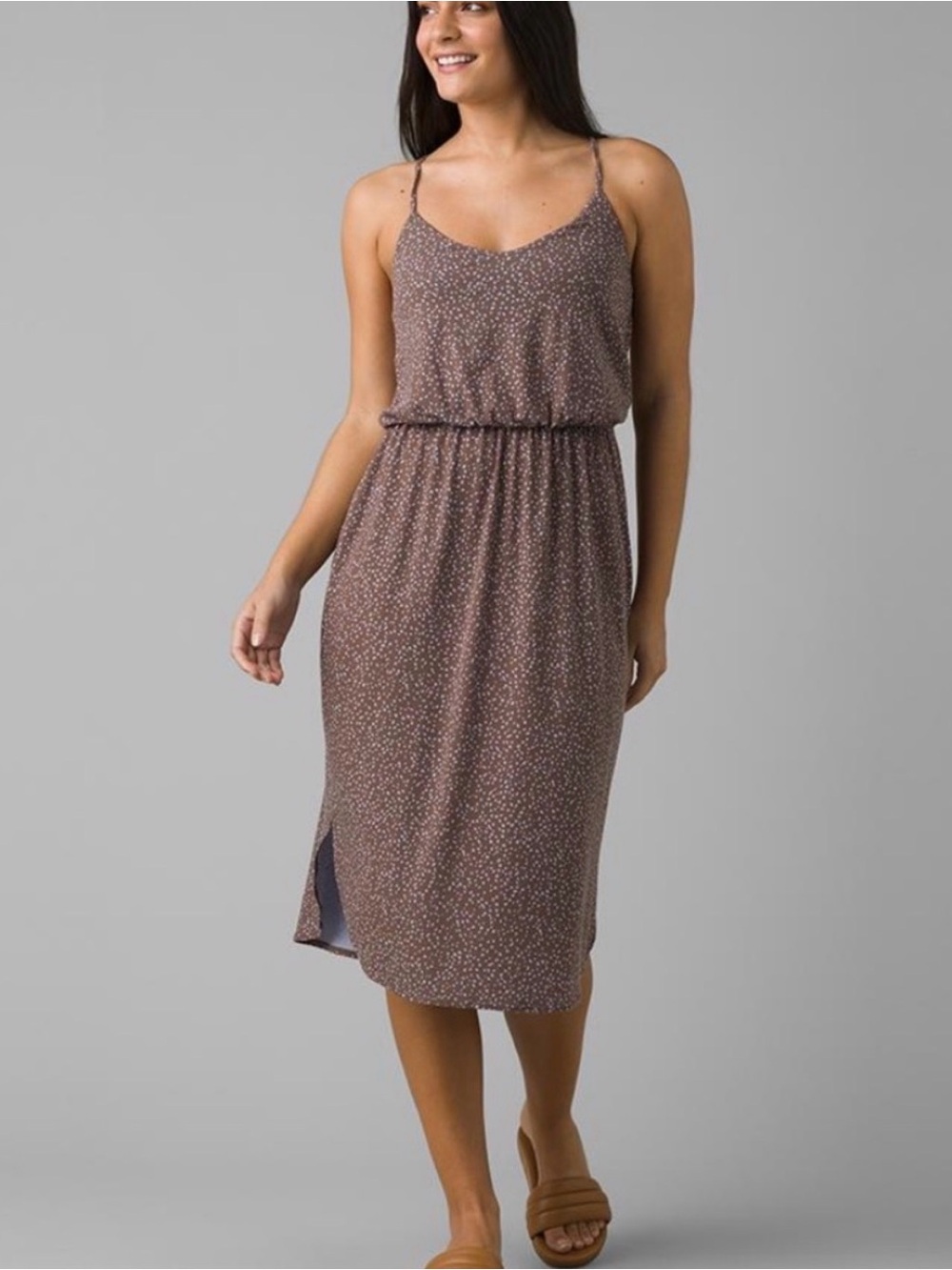 prAna Ayla Midi Dress Earthbound Spots Brown Light Blue Size Large